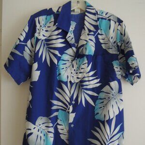 Mens Shirt Size M " CASUAL WEAR " Made in Hawaii  S/S Blue Leaf Print Vtg 80s